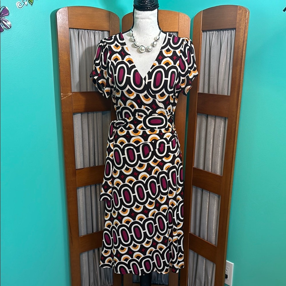 Burgundy and colors wrap around Midi Dress with Cap Sleeves